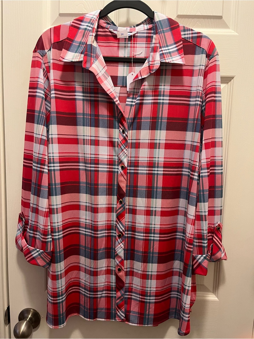 NYGÅRD Plaid Button Down Tunic Top 3X Roll Tab Sleeves